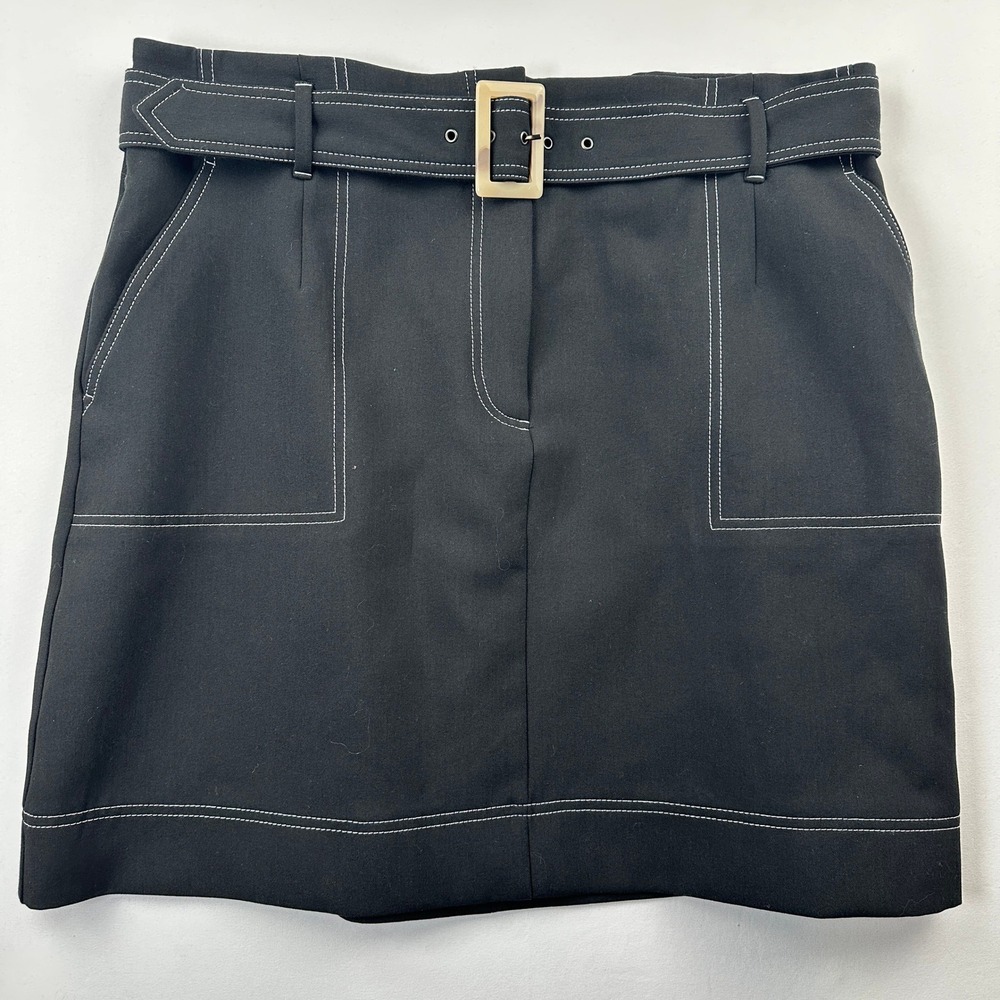 M&S Collection‎ Black Belted Mini Skirt White Stitching Chic Career Casual Sz 14